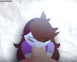 animated blowjob bluebreed blush brown_hair closed_eyes eyebrows fellatio female huge_cock jaiden jaiden_animations long_hair penis purple_shirt saliva shirt simple_background white_eyes youtube youtuber