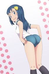 adjusting_clothes ass back_view bare_arms bare_legs bare_thighs black_socks blue_buruma blue_eyes blue_hair blush breasts buruma dawn_(pokemon) gym_uniform hairclip long_hair medium_breasts parted_lips pokemon scarletsky short_sleeves socks thighs white_shirt