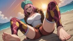 ai_generated barefoot beach breasts clothing cloud cloudy_sky day erosaga feet female female_only foot_focus hat horizon jacket jewelry_bonney large_breasts lens_flare looking_at_viewer ocean one_piece outdoors pink_hair sand shore shorts sitting sky smile soles solo spread_legs spread_toes sun sunlight sunset toeless_legwear toenails toes water