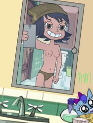 bathroom black_hair breast brown_eyes disney hair hat headgear janna_ordonia mirror nipples panties self_shot star_vs_the_forces_of_evil straight_hair topless underdogfan40