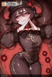 ai_generated artist_name blush bracelet breasts brown_hair dollmaker dollmaker_(artist) female hat hu_tao_(genshin_impact) jewelry long_hair looking_at_viewer patreon_logo patreon_username red_eyes smile solo symbol-shaped_pupils tagme thighs twintails watch watermark web_address