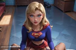1boy 1boy1girl 1girls ai_generated blonde_hair blue_eyes blue_shirt breasts cape clothed_female_nude_male clothed_sex dc dc_comics dcau female garter_straps hi_res indoors justice_league justice_league_unlimited kara_zor-el lips long_hair long_sleeves looking_at_viewer male medium_breasts midriff miniskirt mole mole_under_eye navel parted_lips patreon_username penis pov progenarts pubic_hair pussy red_cape red_skirt sex skirt solo_focus straight supergirl superman_(series) thighhighs web_address