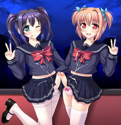 2boys blonde_hair blue_hair censored crossdressing cum double_v green_eyes male_only mary_janes multiple_boys night_sky panties pantyhose penis rakkyo red_bow red_eyes school_uniform serafuku skirt smile striped striped_panties thighhighs tied_hair trap twintails v white_legwear wink