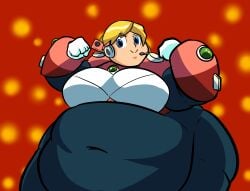 alia_(mega_man) android bbw big_belly big_breasts black_bodysuit blonde_hair blue_eyes chubby_face double_chin fat fat_folds forearm_armor gem_on_arms gem_on_chest headset komakomaranger mega_man mega_man_x microphone multicolored_armor obese obese_female obese_humanoid overweight overweight_female overweight_humanoid reploid robot robot_girl rockman rockman_x ssbbw thick_thighs white_gloves wide_hips