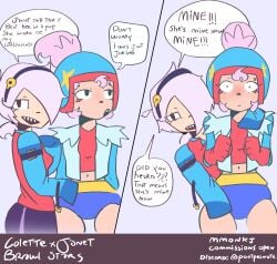 2girls aggressive aggressive_female blush brawl_stars colette_(brawl_stars) couple female female_focus female_only fully_clothed girl girls_only hug janet_(brawl_stars) lesbian_couple looking_at_viewer mmonkj nervous no_ai pink_hair possession possessive possessive_female simple_background surprised surprised_expression white_hair yuri