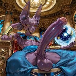 1boy ai_generated anime anthro beerus big_penis cat_ears cat_humanoid dragon_ball dragon_ball_super gay huge_cock purple_skin seatyn_nsfw solo testicles throne yaoi