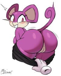 2025 absurd_res anthro anus ass barely_visible_anus biped bottomwear breasts buckteeth clothing eyelashes female fingers generation_1_pokemon genitals glistening glistening_butt gloves handwear hi_res miso_souperstar multicolored_body nintendo pokemon pokemon_(species) purple_body pussy rattata red_eyes signature simple_background solo teeth white_background white_body