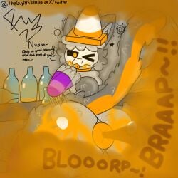 anthro anus ass balls big_butt biohazard_symbol blep blush bodily_fluids digital_media_(artwork) domestic_cat drunk fanning_nose fart fart_cloud fart_fetish felid feline felis femboy freeway_(freewaythecat) freewaythecat fur genitals grey_body hair hazard_symbol hi_res huge_butt male mammal nude one_eye_closed orange_body orange_fur simple_background solo substance_intoxication symbol tail text tongue tongue_out traffic_cone wink