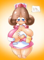 blue_eyes breasts brown_hair clothed clothing erect_nipples erect_nipples_under_clothes female female_focus female_only higuma huge_breasts humanoid_robot light-skinned_female light_skin nurse_(robopon) nurse_cap nurse_uniform robopon robot_girl tagme tamori_hataru voluptuous wardrobe_malfunction wide_hips