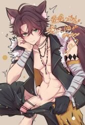 1boy abs absurdres animal_ears bandaged_arm bandages bar_censor black_pants black_shirt brown_background brown_hair brown_pubic_hair censored closed_mouth commentary_request foot_out_of_frame frown fur-trimmed_shirt fur_trim green_eyes hand_on_own_cheek hand_on_own_face highres jewelry kouchatrag looking_at_viewer mahjong_soul male male_focus male_pubic_hair navel necklace open_clothes open_shirt pants penis penis_out pubic_hair shirt short_hair sleeveless sleeveless_shirt solo squatting tail toned toned_male translation_request v-shaped_eyebrows wolf_boy wolf_ears wolf_tail zechs_(mahjong_soul)