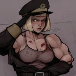 1girls beefy biceps black_gloves blonde_female blonde_hair blonde_hair blonde_hair_female blood_splatter blood_stain digital_art digital_drawing_(artwork) digital_media digital_media_(artwork) enclave_(fallout) fallout female female_focus female_only flexing flexing_arms flexing_bicep flexing_muscles hairy_armpits krautvan military military_hat military_uniform muscle_girl muscle_mommy muscles muscular muscular_arms muscular_chest muscular_female oc original_character original_characters salute scar scar_on_face strong strong_female tank_top vankraut white_body white_hair white_skin