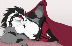bed bed_sheet bedding black_body black_fur clothed clothing fur furniture generation_8_pokemon isaacyote_(artist) mammal multicolored_body multicolored_fur nintendo obstagoon partially_clothed pokemon pokemon_(species) red_eyes simple_background smile underwear white_body white_fur