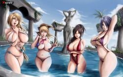 2d 2d_(artwork) 2d_artwork 4girls arms_crossed arms_crossed_under_breasts bandai_namco beautiful beautiful_females bikini blonde_hair bob_cut breasts brown_hair cassandra_alexandra curvy curvy_figure day daytime digital_drawing_(artwork) digital_media_(artwork) finger_on_lip hand_behind_head hourglass_figure hourglass_figured_female human human_female isabella_valentine large_breasts lips mature_female multiple_girls pillar pillars pool pose posing revealing_clothes skimpy_clothes smile smiling sophitia_alexandra soul_calibur standing_in_water statue stripping t-spec taki white_hair