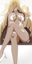 alcohol arm_support bare_shoulders blonde_hair blunt_bangs breasts breasts_apart center_opening champagne champagne_flute choker cleft_of_venus crossed_legs cup diamond_(shape) dress drink drinking_glass empty_eyes female fingernails food gem gradient_clothes gradient_dress grin hair_between_eyes hair_over_one_eye halter_dress halterneck head_tilt high_heels highres holding holding_cup holding_drink holding_food jewelry legs long_hair looking_at_viewer lusamine_(pokemon) medium_breasts midriff necklace no_bra no_panties plunging_neckline pokemon pokemon_sm pussy revealing_clothes seductive_smile shiny_skin shoes sitting smile solo straight_hair teeth two-tone_dress upskirt very_long_hair vivivoovoo when_you_see_it white_choker white_dress white_shoes wristband yellow_dress