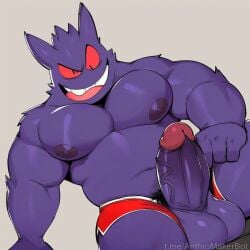 ai_generated airing_out crazy_eyes dick_out_of_underwear evil_grin gengar huge_balls huge_cock legs_apart looking_at_viewer muscular penis_out_of_underwear pokemon pokemon_(species) pokephilia presenting pubic_hair shorts sitting underwear waiting_for_sex