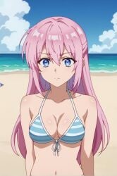 ai_generated beach bikini blue_eyes breasts cleavage cloud collarbone day eyebrows_visible_through_hair female front-tie_top long_hair medium_breasts megurine_luka navel ocean outdoors pink_hair sky solo striped striped_bikini swimsuit upper_body