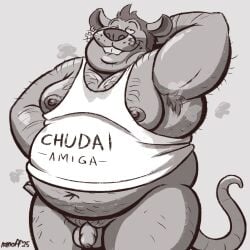 2025 anthro arm_hair armpit_hair balls belly belly_hair big_belly body_hair clothing ear_piercing flaccid foreskin genitals hi_res leg_hair male mammal mouse murid murine musk nanoff navel overweight overweight_male penis piercing rat rodent shirt simple_background solo text text_on_clothing text_on_shirt text_on_topwear topwear