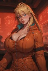1girls ai_generated blonde_hair blue_eyes blush bursting_breasts civitai cleavage dorohedoro hair_between_eyes huge_breasts jacket long_hair looking_at_viewer mamely32 nikaido restaurant sitting solo wet_body