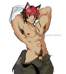 1boy abs animal_ears armpit_hair armpits arms_up bara bara_tits barely_visible_penis big_pecs black_hair bulge clothed flaccid flaccid_penis gay hairy hairy_armpits happy_trail kemonomimi komano_manato male male_only muscular muscular_male nipples not_ennui one_eye_closed pecs penis pubic_hair red_hair serious tank_top text two_tone_hair undressing zenless_zone_zero