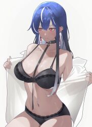 1girls belly_button belly_button_piercing black_bra black_lingerie black_panties blue_hair bra breasts collar earrings female flashing_bra kuromizu_kouki leash lingerie panties piercing prism:nova red_eyes removing_clothing removing_shirt shirt simple_background slight_blush spiked_collar virtual_youtuber white_background