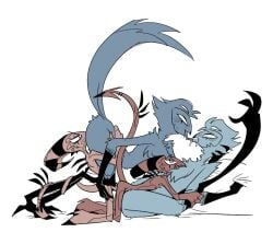 4boys anal avian blitzo_(helluva_boss) comic demon foursome helluva_boss male male/male male_only male_penetrated male_penetrating mating_press meribe_hb oral owl selfcest stolas_(helluva_boss)