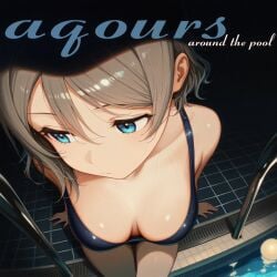 ai_generated album_cover arm_support bangs bare_shoulders blue_eyes blue_one-piece_swimsuit blue_swimsuit blush breasts breasts_apart brown_hair clavicle cleavage closed_mouth clothing competition_swimsuit deftones female from_above grey_hair hair_between_eyes ladder leaning_forward looking_away looking_to_the_side love_live! love_live!_(series) love_live!_sunshine!! medium_breasts one-piece_swimsuit parody pool pool_ladder poolside shiny_skin short_hair sitting soaking_feet solo swimsuit tank_suit tile_floor tiles watanabe_you water wet