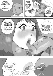 1girls 2boys balls blush brendan_(pokemon) comic dialogue english_text female greyscale hasselnut heavy_blush hi_res licking licking_penis looking_at_penis male may_(pokemon) nintendo nude nude_female open_mouth peeing penis pokemon pokemon_rse speech_bubble tongue_out
