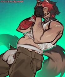1boy animal_ears beard belly belly_button black_hair blush bracelet bulge collar dad_bod dyed_hair ear fingerless_gloves flaccid flaccid_penis gloves jockstrap kemonomimi komano_manato looking_at_viewer male male_focus male_only nervous nipple_slip nipples pants pet_collar red_hair scar scars shy tail tank_top two_tone_hair underwear unzipped unzipped_pants wolf_ears wolf_tail zenless_zone_zero zl444y