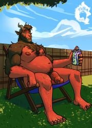 absurd_res ambiguous_species anthro armpit_hair balls beverage_can bodily_fluids body_hair chest_hair container feet flaccid foreskin genitals hi_res holding_container holding_object horn humanoid_feet humanoid_genitalia humanoid_penis looking_at_viewer male male_anthro navel nipples outside penis plantigrade pubes pubes_exposed sitting sweat sweaty_genitalia sweaty_penis thekinkybear tusks uncircumcised