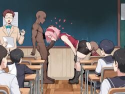 1girl 7boys ai_assisted ai_generated anilingus ass_licking bent_over big_ass big_butt big_penis bike_shorts black_boots black_gloves black_shorts boots chair chalkboard classroom classroom_desk dark-skinned_male desk drooling exhibitionism face_on_ass fellatio female free_use gloves hand_on_head headband huge_cock interracial large_ass large_penis long_penis male naked_male naruto naruto_(series) pink_hair public public_indecency public_nudity public_sex red_shirt sakura_haruno school school_uniform shorts student teacher