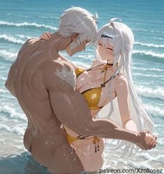 ahoge ai_generated bangs bikini blush completely_nude cum cum_in_pussy cum_inside hair_ornament holding_hands large_breasts nude_male patreon patreon_username shiny_skin standing_sex very_long_hair wading water white_hair xzollosez yellow_bikini yellow_eyes yixuan_(zenless_zone_zero) zenless_zone_zero