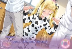 2boys ai_generated assertive_female blush coffee cow-print cumshot double_handjob facial_cumshot female happy male orifushi_mafuyu pajamas projectile_cum