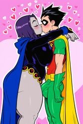 1boy 1boy1girl 1girls ai_generated balls black_hair blue_cloak blush blush blushing_female blushing_male bulge cape cartoon_network cloak clothed_female clothed_male clothing couple dc dc_comics demon_girl dick_grayson domino_mask green_gloves green_pants grey_skin grey_skinned_female heart_symbol huge_ass huge_breasts huge_bulge human kissing leotard light-skinned_male lipstick novelai purple_hair rachel_roth raven_(dc) red_shirt robin_(dc) romantic spiky_hair teen_titans teenage_girl
