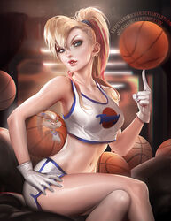 1girls ball basketball beige_skin blonde_hair blue_eyes clothes eyeshadow female female_only gloves gym_shorts hair hand_on_hip human humanized lagomorph lipstick lola_bunny looking_at_viewer looney_tunes makeup mascara medium_breasts personification ponytail round_ears sakimichan sitting skimpy_clothes solo space_jam tank_top tied_hair