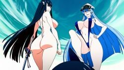 ai_art ai_generated akame_ga_kill! ass_focus black_hair blue_bikini blue_eyes blue_hair esdeath_(akame_ga_kill!) female femdom from_below high_heels kill_la_kill kiryuuin_satsuki light_blue_eyes light_blue_hair outside peaked_cap sling_bikini slingshot_swimsuit smug stepped_on sword thick_eyebrows waifuleak white_bikini
