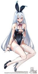 1girls artist_name artist_signature blue_eyes blush bunny_ears detached_collar fake_animal_ears female female_only fishnet_legwear fishnets hair_between_eyes heels high_heels leotard light-skinned_female light_skin long_hair nail_polish painted_nails project_sekai siriuflong small_breasts solo strapless_leotard thighs very_long_hair white_hair yoisaki_kanade