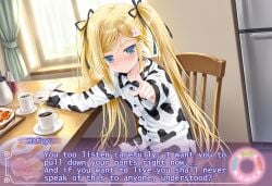 ai_generated blush coffee cow-print female femdom heavy_blush orifushi_mafuyu pajamas pointing serious