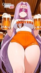 ai_generated beer blindfold boosterred99 collar fate/grand_order fate_(series) female from_below hooters hooters_(parody) hooters_uniform illustrious_(stable_diffusion) large_breasts long_hair medusa_(fate) medusa_(rider)_(fate) medusa_\\\\(fate\\\\) orenge_shorts pony_diffusion_xl purple_hair restaurant seductive_smile shorts stable_diffusion t-shirt thighs white_t-shirt