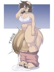 2025 4_toes 5_fingers anthro balls big_balls big_penis bodily_fluids bottomwear bottomwear_down breasts brown_hair buddycanary canid canine canis cleavage clothed clothing domestic_dog eyewear feet fingers flaccid genital_fluids genitals glasses gynomorph gynomorph_anthro hair hi_res huge_balls huge_cock humanoid_genitalia humanoid_penis hyper hyper_balls hyper_genitalia hyper_penis intersex intersex_anthro leaking_precum looking_at_viewer mammal naomi_(buddycanary) one_eye_closed pants pants_down partially_clothed penis precum precum_on_ground round_glasses shirt short_hair solo tail tank_top toes topwear wearing_glasses
