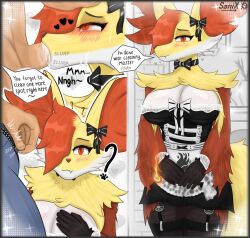 anthro big_breasts blowjob bodily_fluids breasts clothing deepthroat delphox fellatio female fire fox fur furry game_freak glowing_eyes heart_symbol human line_art maid maid_uniform male male_human/female_anthro male_human/female_pokemon master nintendo oral oral_penetration pokemon pokemon_(species) pokephilia red_fur saliva sanix sex shy side_view speech_bubble sweat sweatdrop text trainer uniform yellow_fur