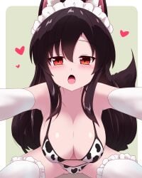 1girls animal_ears animal_print bikini blush breasts brown_hair cow_print cow_print_bikini elbow_gloves female frilled_thighhighs frills gloves hair_between_eyes imaizumi_kagerou incoming_kiss large_breasts long_hair looking_at_viewer maid_headdress open_mouth print_bikini red_eyes sivamaron solo swimsuit tail thighhighs touhou very_long_hair white_gloves white_thighhighs wolf_ears wolf_girl wolf_tail