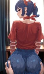 2d_mita ai_generated ass beauty dark_blue_hair miside mita purple_eyes red_choker sexy white_skin