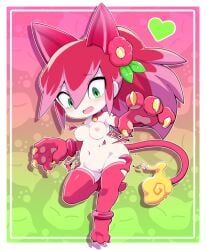 accidental_exposure cat_claws cat_ears completely_nude embarrassed female flower_in_hair level-5 nipples nollety nude pussy red_hair ripped_clothing tagme tail tsubaki-hime yo-kai_watch youkai_watch