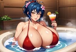 ai_generated breasts dark_blue_hair female flower_in_hair gigantic_breasts holding_cocktail hot_tub huge_breasts kunoichi looking_at_viewer manyuu_chifusa manyuu_hikenchou massive_breasts milf ponytail posing red_bikini relaxing samurai self_upload stable_diffusion sweat unclego voluptuous wink yellow_eyes