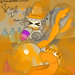 alcohol anthro anus ass balls beverage big_butt biohazard_symbol blush bodily_fluids bone closed_eyes digital_media_(artwork) domestic_cat drunk fart fart_cloud fart_fetish feces felid feline felis femboy freeway_(freewaythecat) freewaythecat fur genitals grey_body hair hazard_symbol hi_res huge_butt male mammal mask nude orange_body orange_fur raised_tail shocked simple_background skull skull_mask solo substance_intoxication symbol tail tail_motion tailwag text traffic_cone