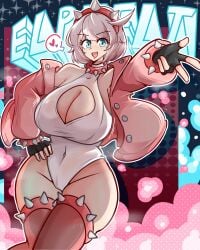 1girls blue_eyes blush breasts busty cleavage cleavage_cutout dankestsin detailed_background elphelt_valentine eyebrows_visible_through_hair female female_only fingerless_gloves gloves guilty_gear guilty_gear_strive hairband hand_on_hip huge_breasts jacket large_breasts light-skinned_female light_skin looking_back navel navel_visible_through_clothes short_hair skindentation smile solo spoken_heart thick_thighs thigh_boots thighhighs voluptuous white_hair wide_hips