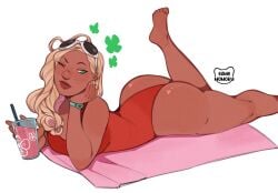 1girls ass dark-skinned_female dark_skin female female_focus female_only kamii_momoru large_ass lifeguard_(lilo_and_stitch) lilo_and_stitch looking_at_viewer lying_down lying_on_stomach one-piece_swimsuit one_eye_closed solo swimsuit thighs