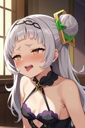 ai_generated bangs bare_shoulders blunt_bangs blush breasts collarbone dress eyebrows_visible_through_hair female hair_bun hair_ornament indoors long_hair oerba_yun_fang open_mouth silver_hair small_breasts solo upper_body