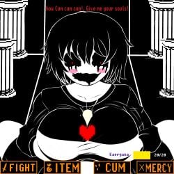 1girls big_breasts big_nipples black_hair breasts button chara chara_(undertale) clothed clothed_female cum dialogue evil_smile female female_chara female_focus game_background heart heart_symbol hi_res kaerganader kaerganaderl light-skinned_female light_skin red_eyes red_text rosy_cheeks solo solo_female soul text thick_thighs thighs titjob undertale undertale_(series) white-skinned_female white_skin white_text