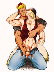 2boys artist_request bara beanie blonde_hair blush brown_hair cum erection final_fantasy final_fantasy_xiii gadot gay gloves handjob long_hair male male_only mosaic_censoring multicolored_hair multiple_boys muscles penis shirt_lift snow_villiers sweat undressing yaoi